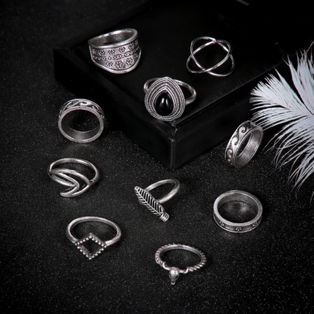 10 Piece Stackable Bohemian Antique Silver Rings